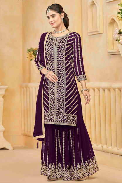 Purple Colour Semi Stitched Faux Georgette Sharara Suit VSSM1050748