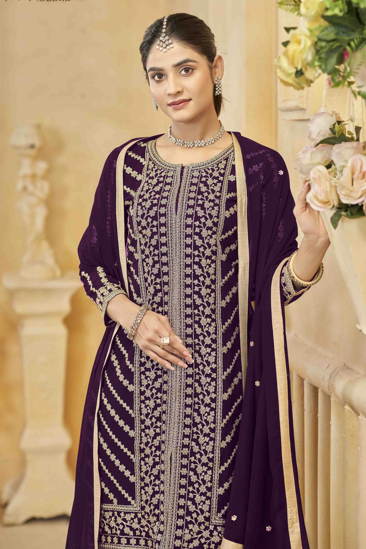 Purple Colour Semi Stitched Faux Georgette Sharara Suit VSSM1050748