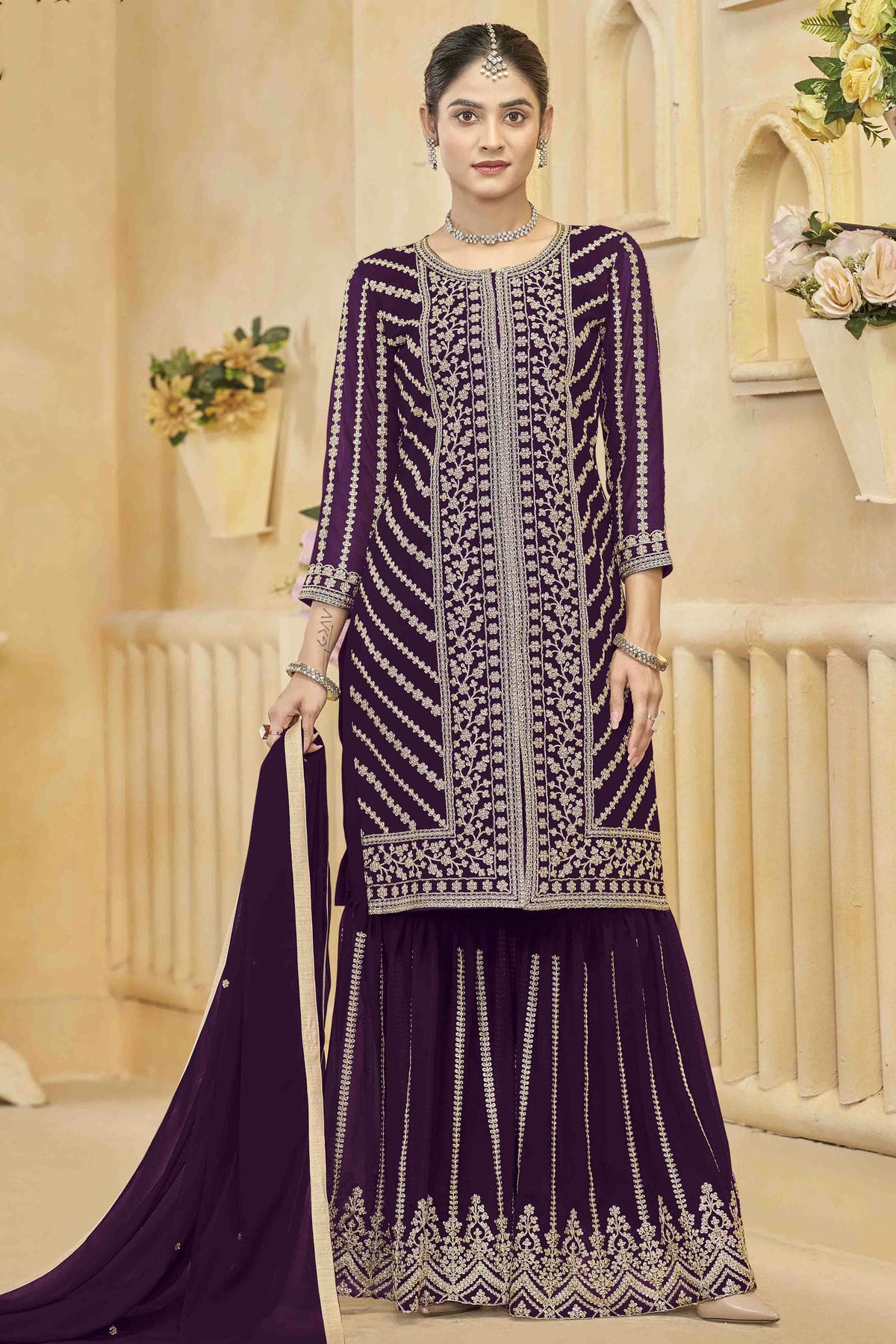 Purple Colour Semi Stitched Faux Georgette Sharara Suit VSSM1050748