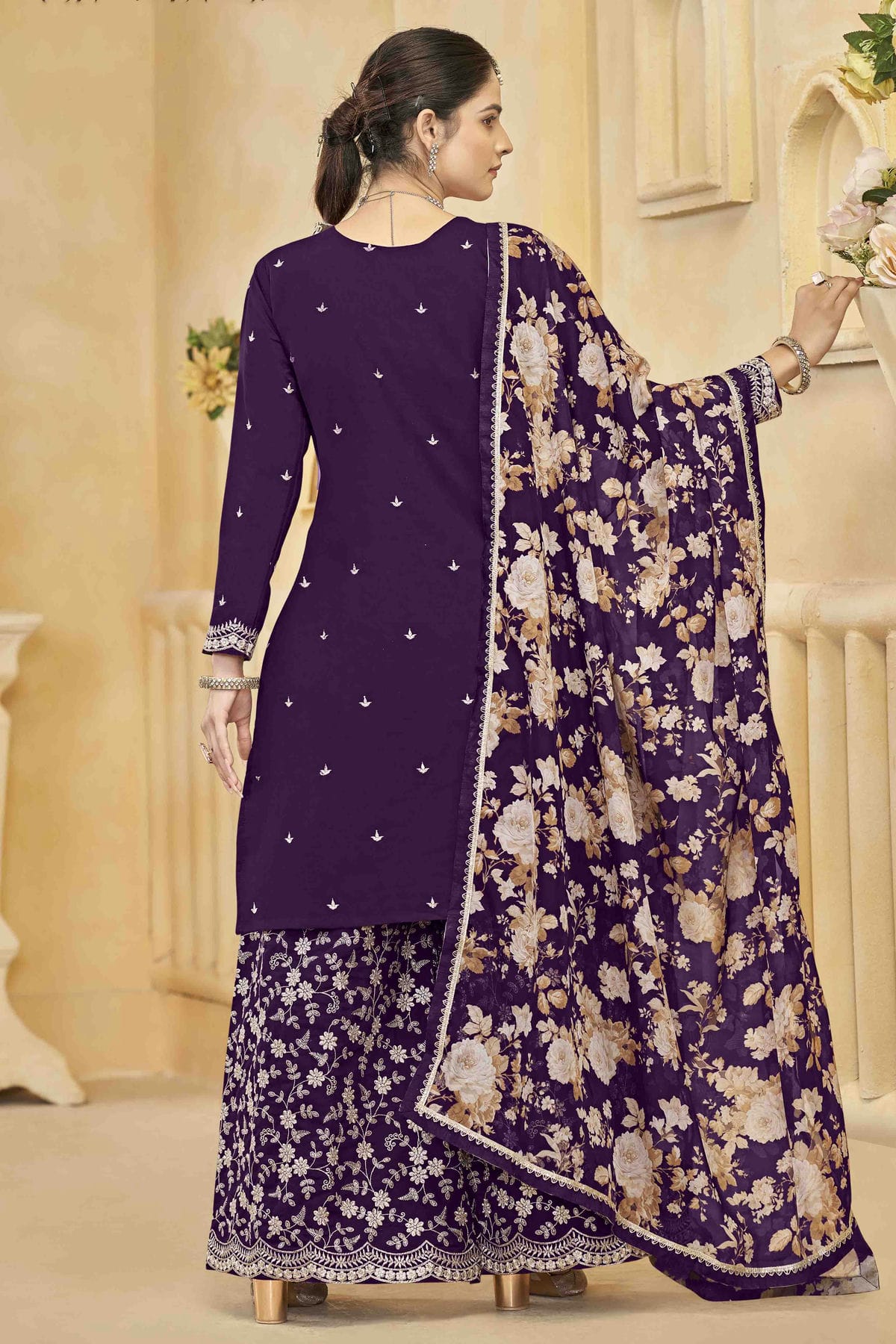Purple Colour Semi Stitched Roman Silk Palazzo Pant Suit VSSM1050744
