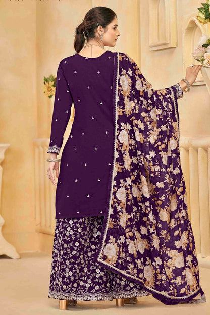 Purple Colour Semi Stitched Roman Silk Palazzo Pant Suit VSSM1050744
