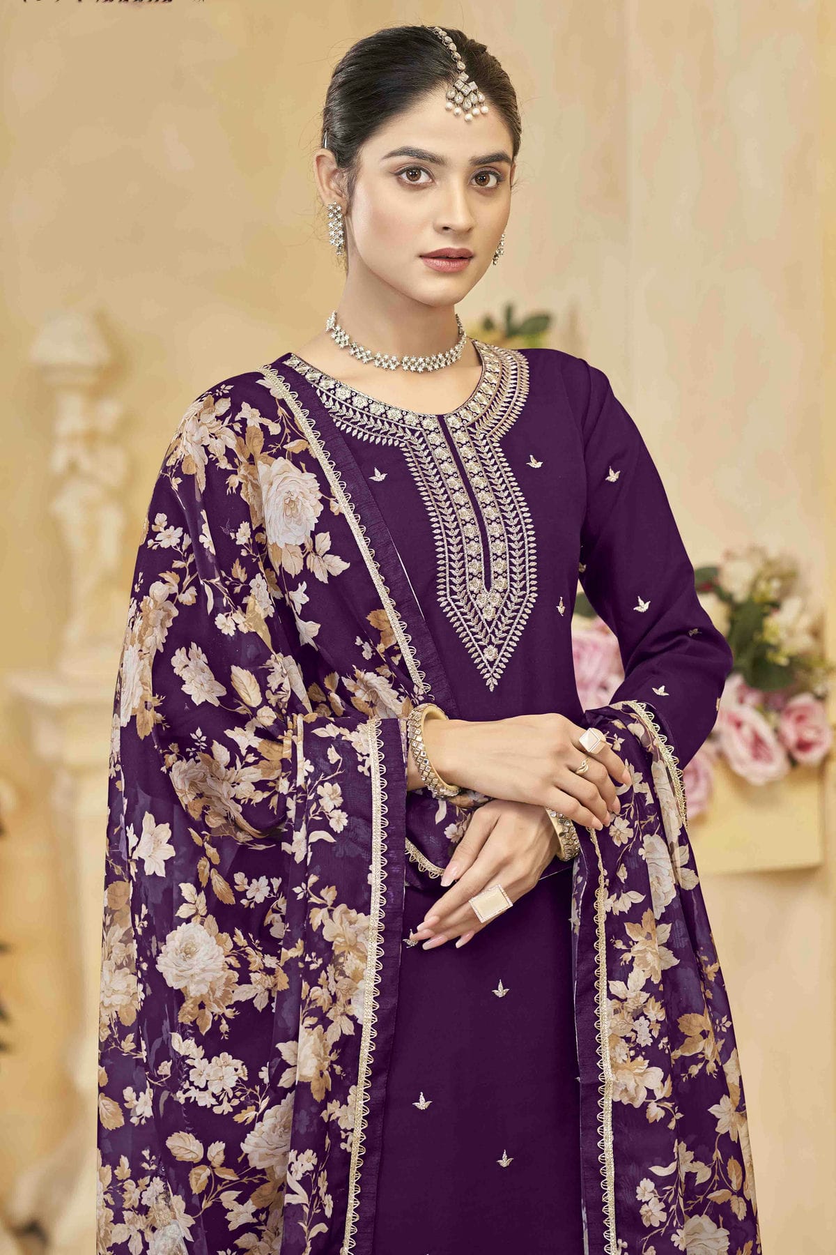 Purple Colour Semi Stitched Roman Silk Palazzo Pant Suit VSSM1050744
