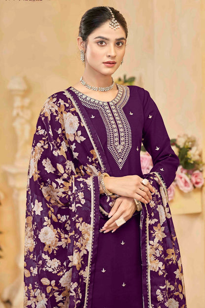 Purple Colour Semi Stitched Roman Silk Palazzo Pant Suit VSSM1050744