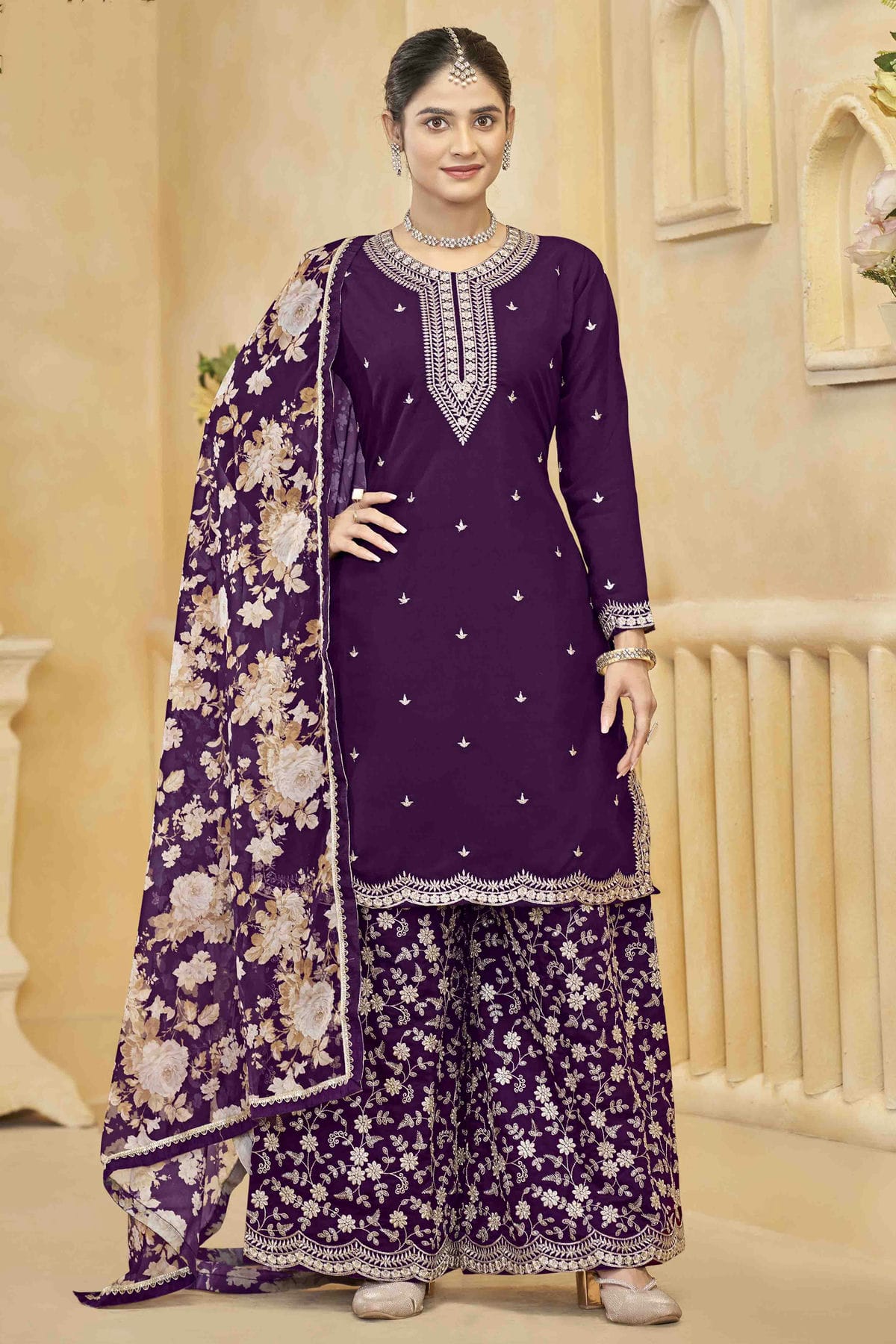 Purple Colour Semi Stitched Roman Silk Palazzo Pant Suit VSSM1050744