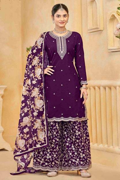 Purple Colour Semi Stitched Roman Silk Palazzo Pant Suit VSSM1050744