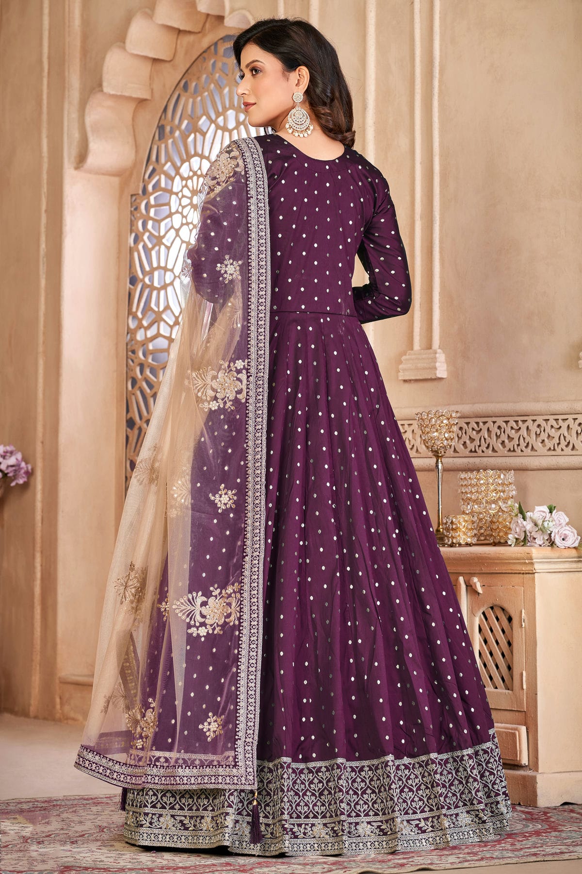 Purple Colour Semi Stitched Taffeta Silk Anarkali Suit VSSM1050421