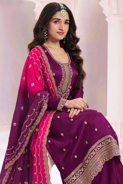 Purple Colour Semi Stitched Vichitra Silk Palazzo Pant Suit VSSM1140498