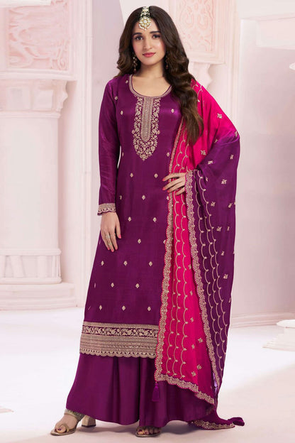 Purple Colour Semi Stitched Vichitra Silk Palazzo Pant Suit