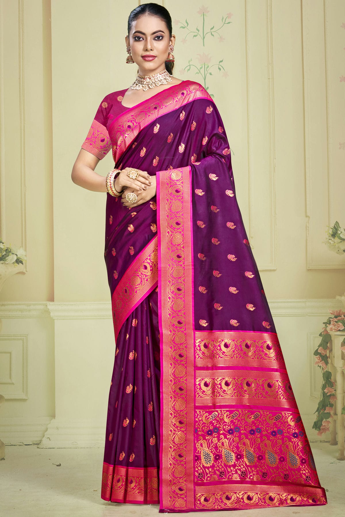 Purple Colour Silk Woven Work Traditional Saree