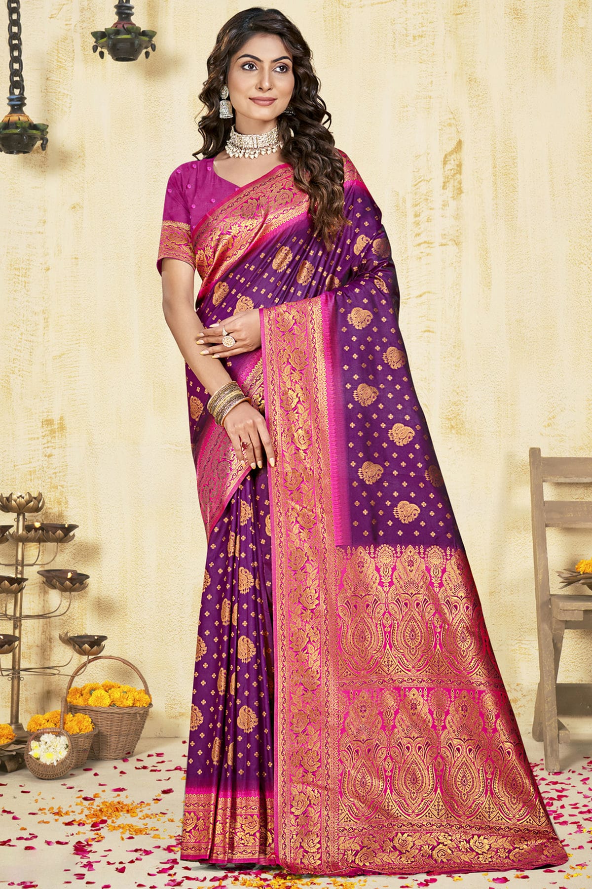 Purple Colour Silk Woven Work Traditional Saree