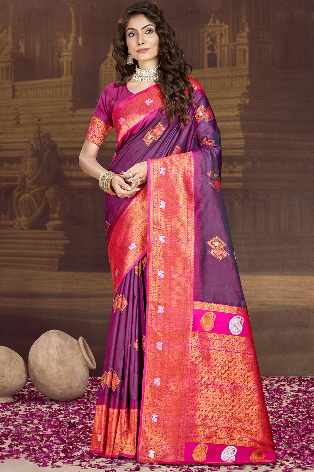 Purple Colour Silk Woven Work Traditional Saree