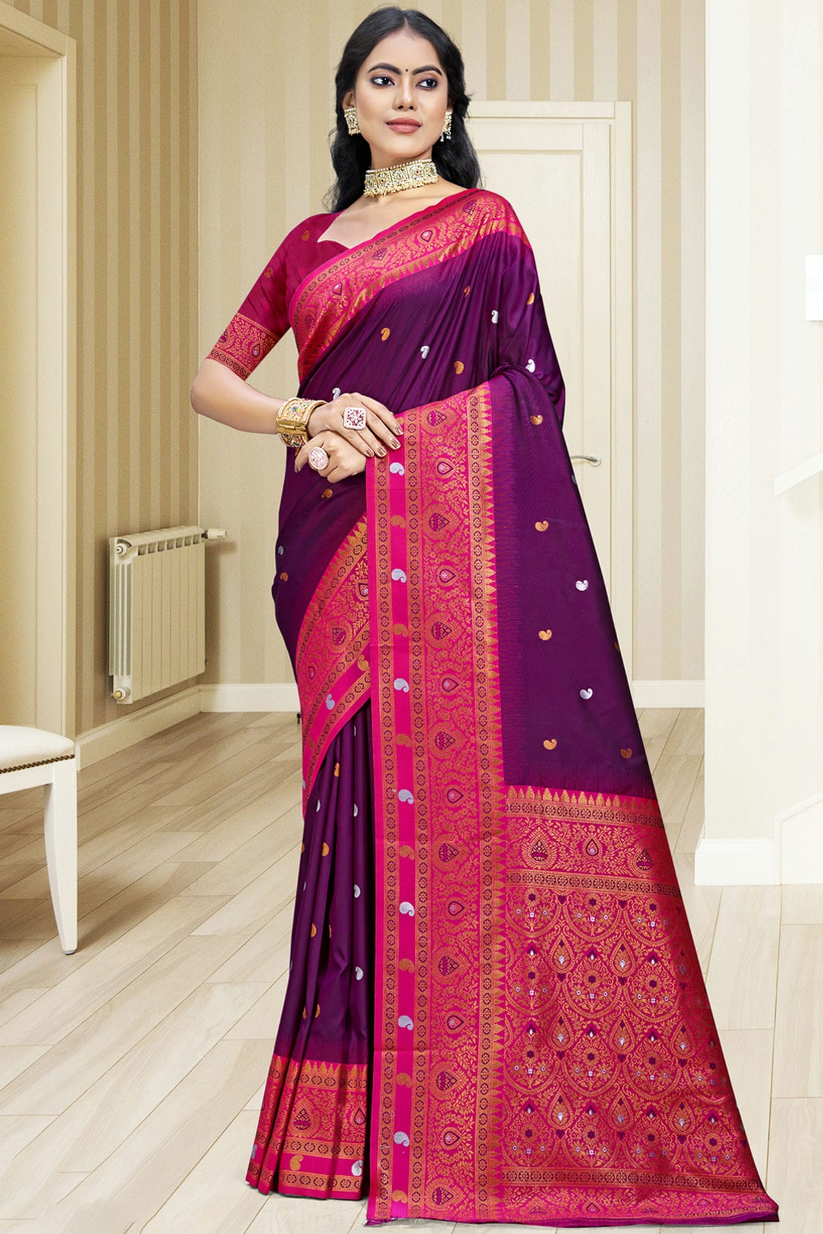 Purple Colour Silk Woven Work Traditional Saree
