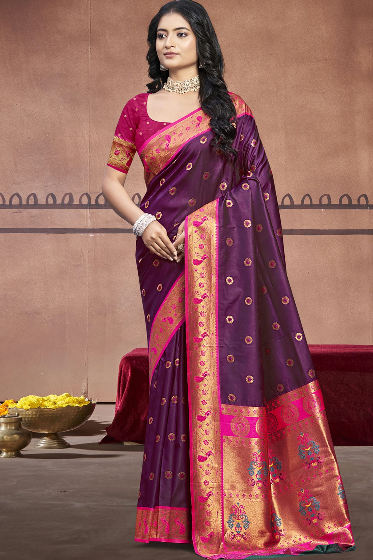 Purple Colour Silk Woven Work Traditional Saree