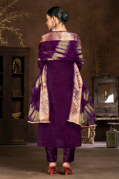 Purple Colour Unstitched Cotton Jacquard Pant Style Suit VSUS1161319