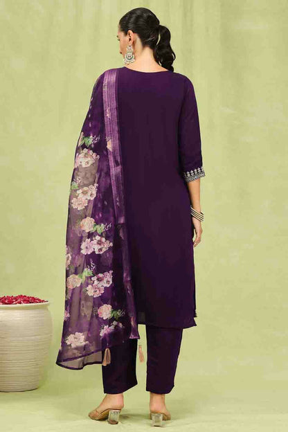 Purple Colour Viscose Roman Silk Stitched Pant Style Suit VSSS1113895