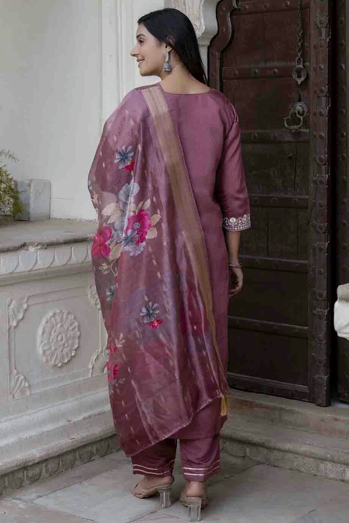 Purple Colour Viscose Roman Silk Stitched Pant Style Suit VSSS1113900