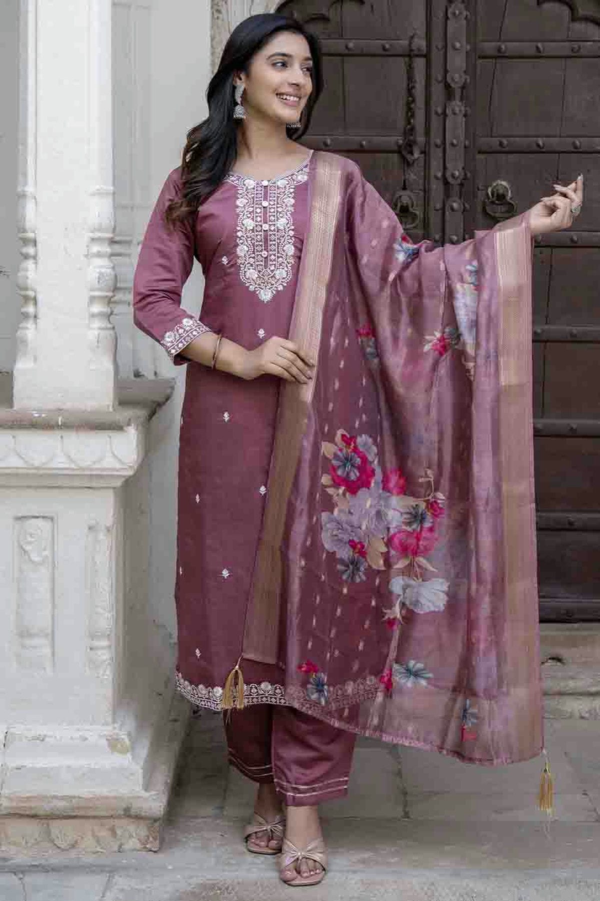 Purple Colour Viscose Roman Silk Stitched Pant Style Suit VSSS1113900