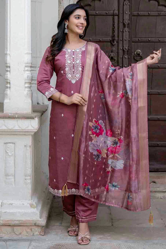 Purple Colour Viscose Roman Silk Stitched Pant Style Suit VSSS1113900