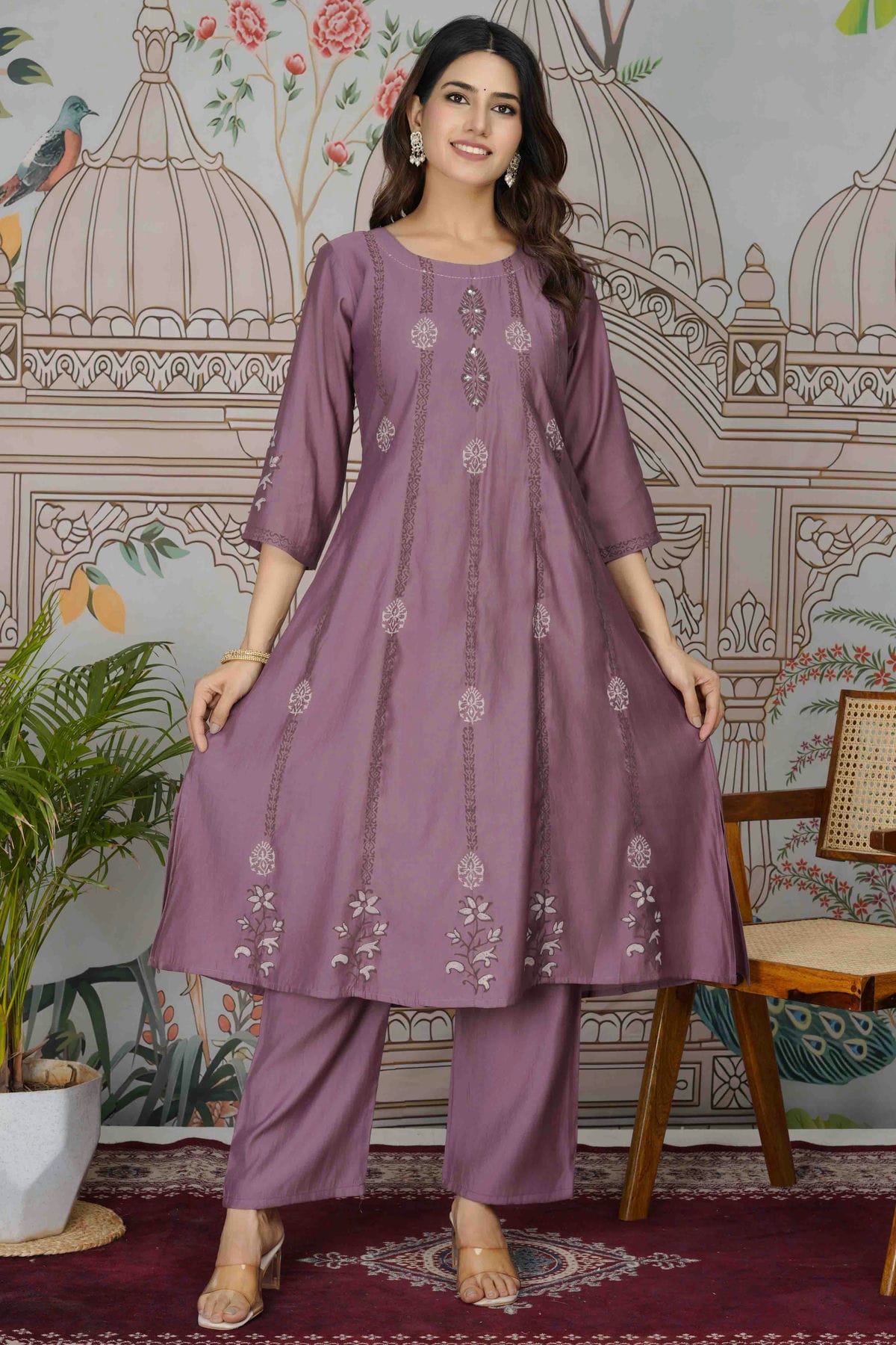 Purple Colour Viscose Roman Silk Stitched Top and Bottom VSSS1113948