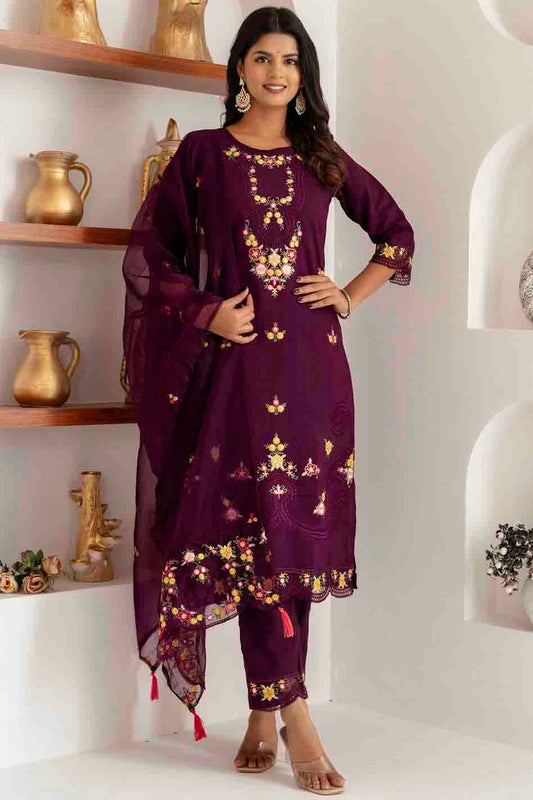 Purple Colour Viscose Silk Embroidery Pant Style Suit VSSS1113617