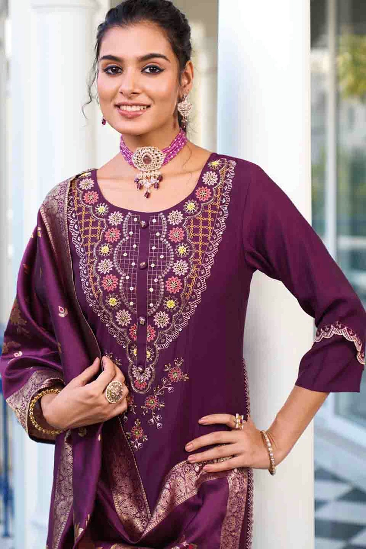 Purple Colour Viscose Silk Embroidery and Woven Work Pant Style Suit VSSS1113681