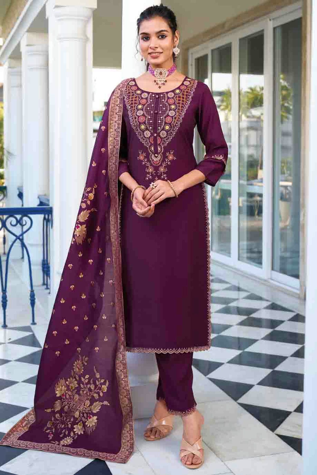 Purple Colour Viscose Silk Embroidery and Woven Work Pant Style Suit VSSS1113681