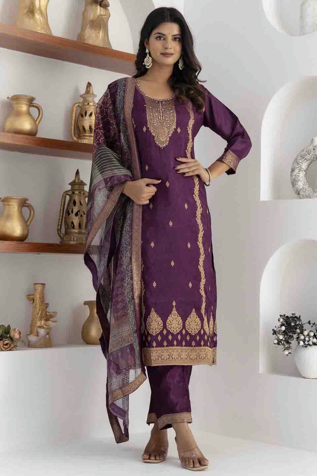 Purple Colour Viscose Silk Woven Pant Style Suit VSSS1113662