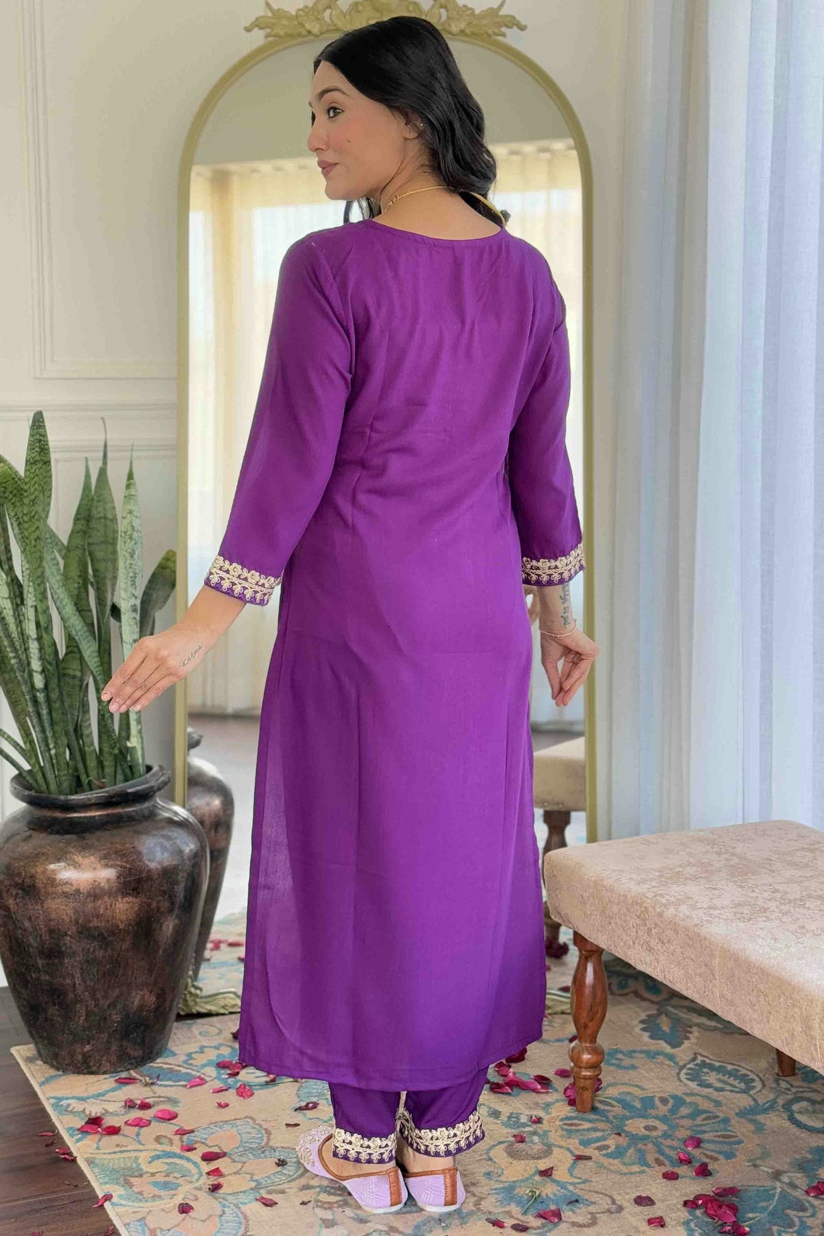Purple Colour Viscose Slub Stitched Suit