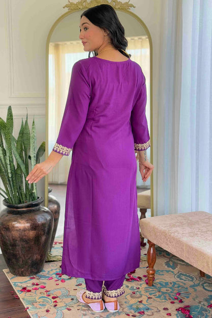 Purple Colour Viscose Slub Stitched Suit