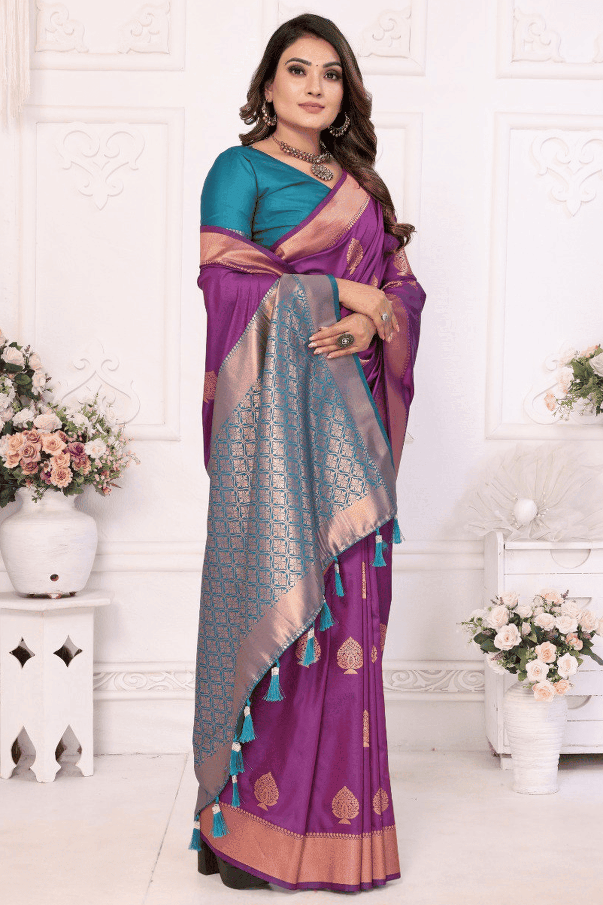 Purple Colour Woven Work Lichi Soft Silk Traditional Saree