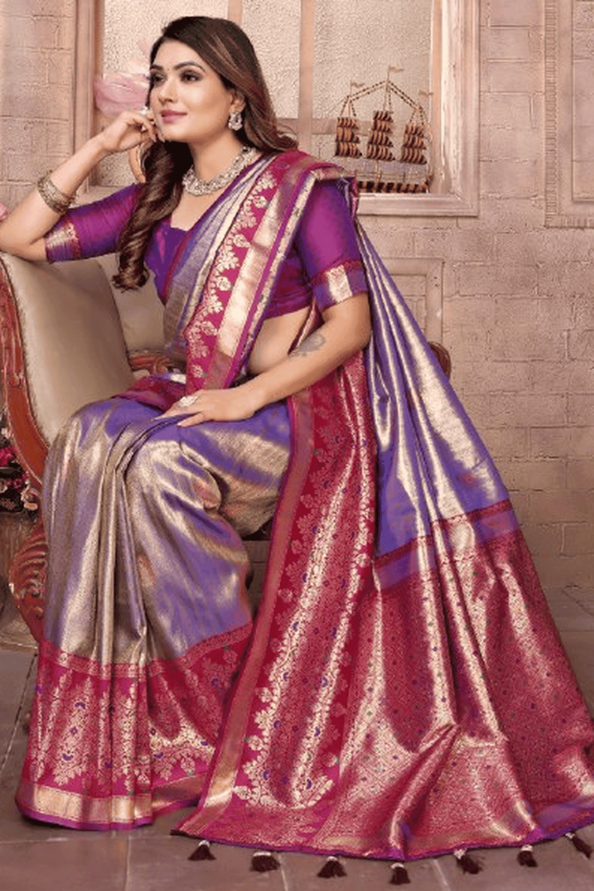 Purple Colour Woven Work Pure Banarasi Tissue Silk Traditional Saree