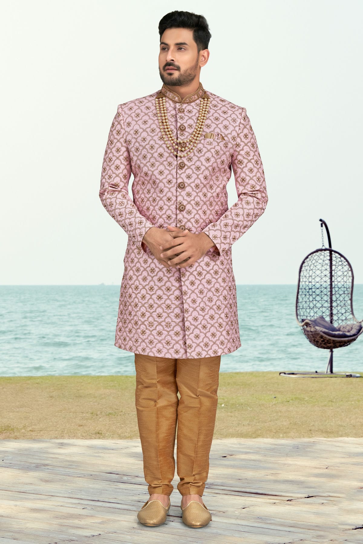 Purple Pink Colour Kora Shine Silk Sherwani VSSH1040522