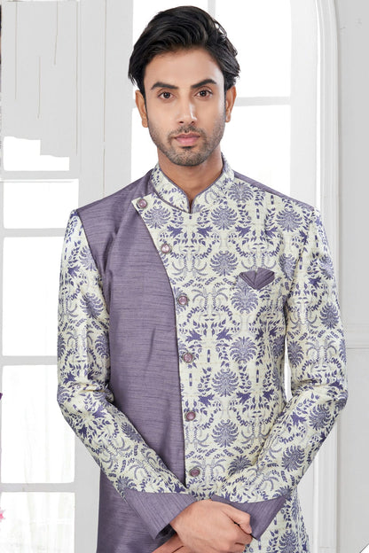 Purple and Cream Colour Silk Dupion Sherwani VSSH1040647