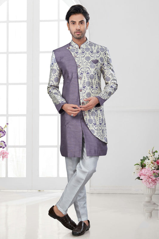 Purple and Cream Colour Silk Dupion Sherwani