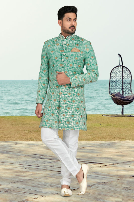 Rama Green Colour Banarasi Silk Indo Western Sherwani VSSH1040513