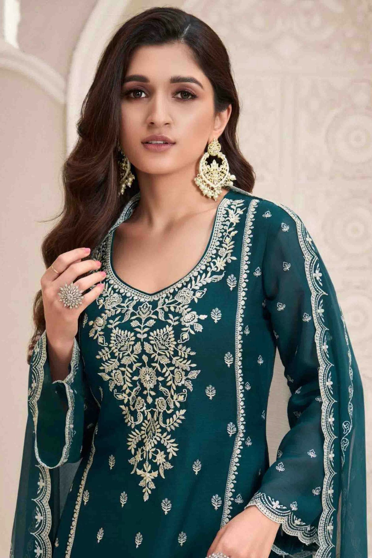 Rama Green Colour Chiffon Palazzo Pant Suit VSSM1113188