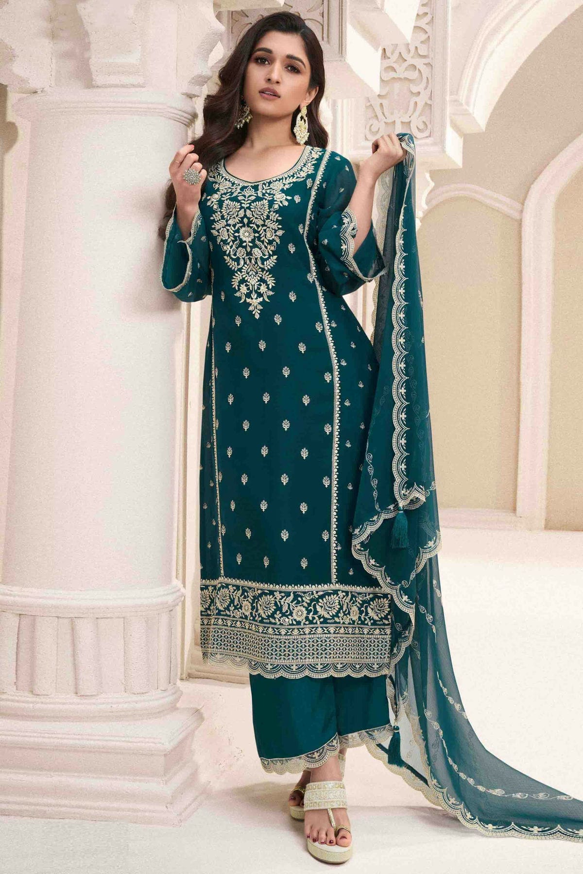 Rama Green Colour Chiffon Palazzo Pant Suit VSSM1113188