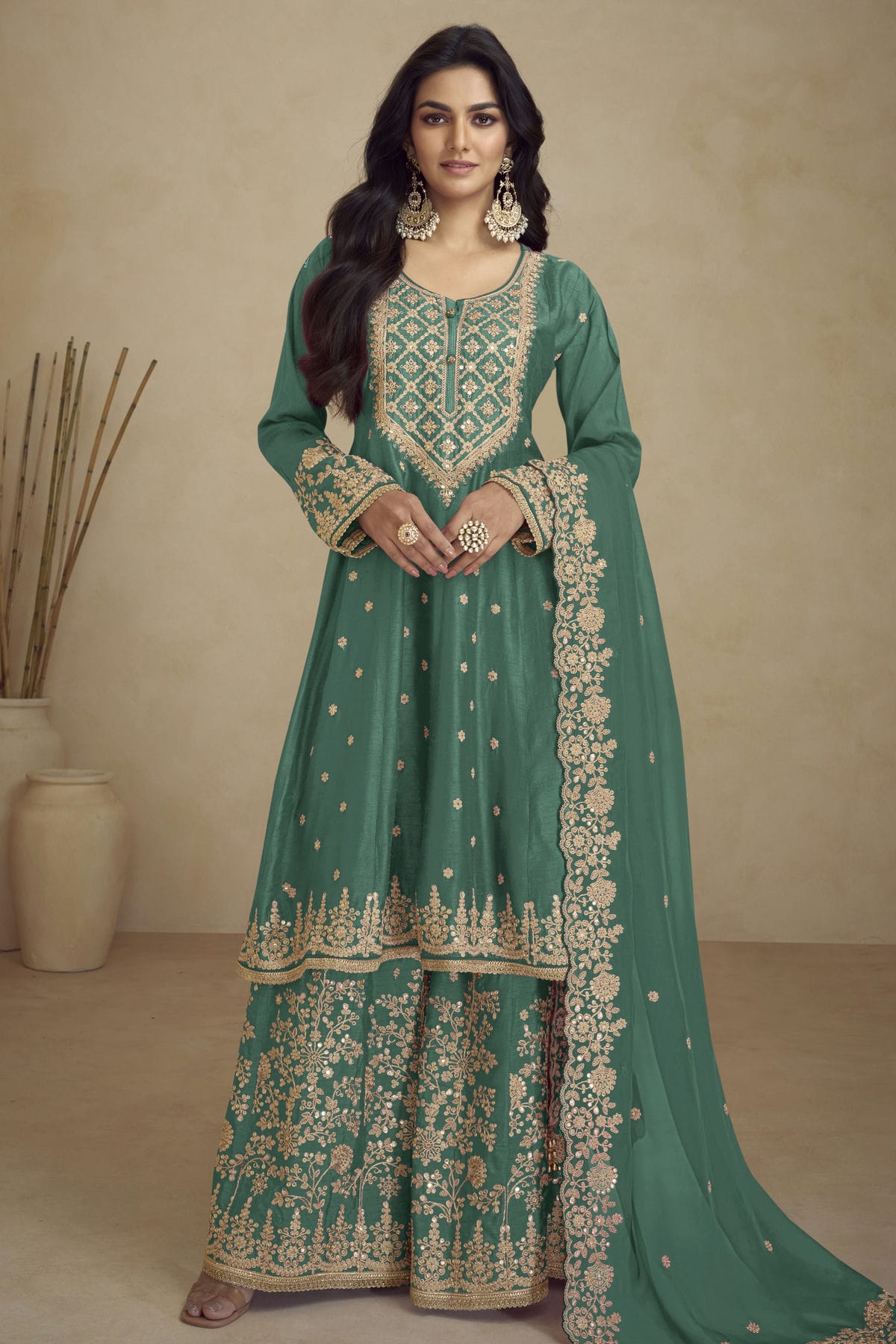 Rama Green Colour Chinon Palazzo Pant Suit