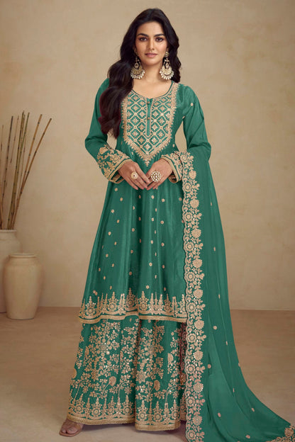 Rama Green Colour Chinon Palazzo Pant Suit