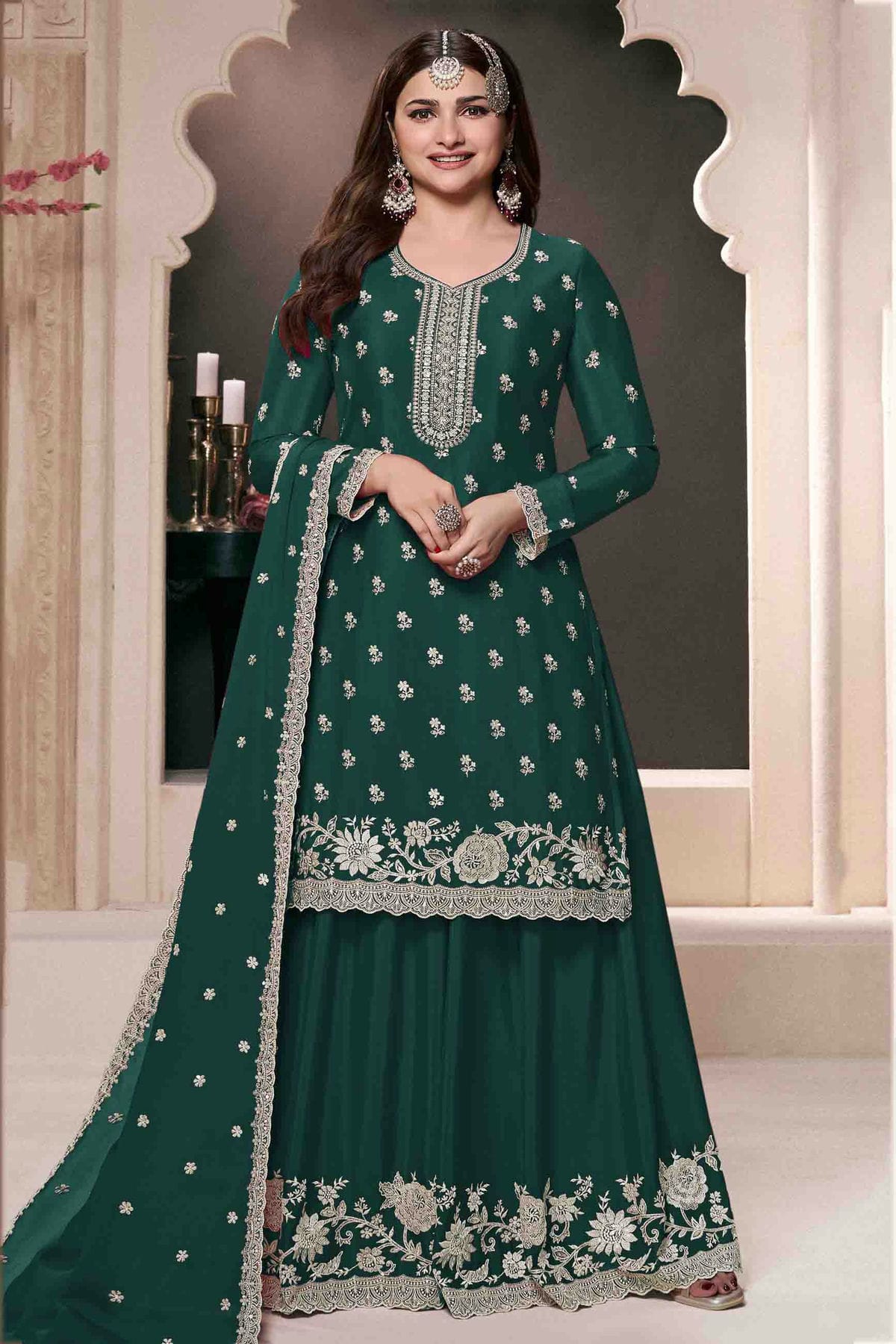 Rama Green Colour Chinon Palazzo Pant Suit VSSM1140915