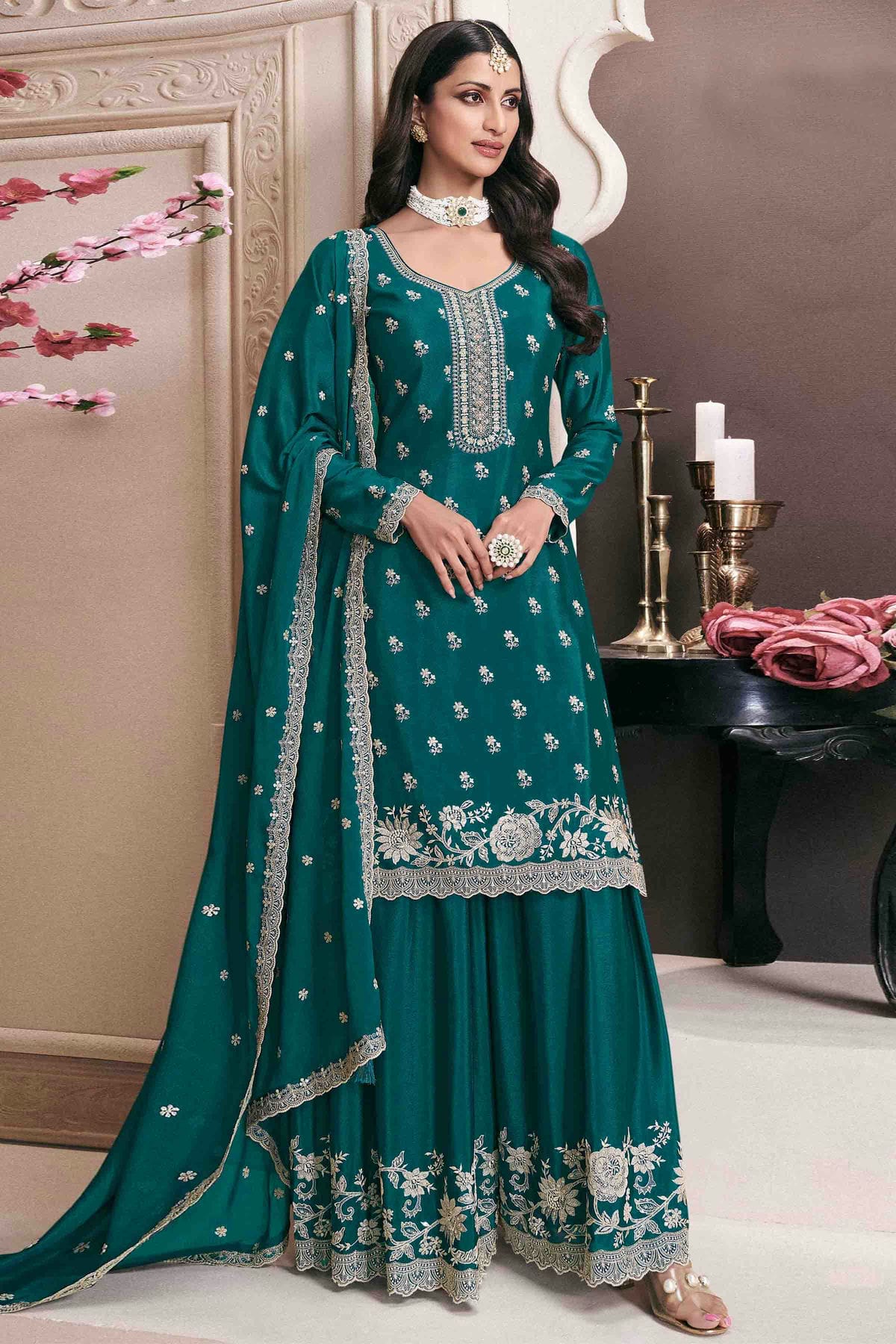 Rama Green Colour Chinon Palazzo Pant Suit VSSM1140922