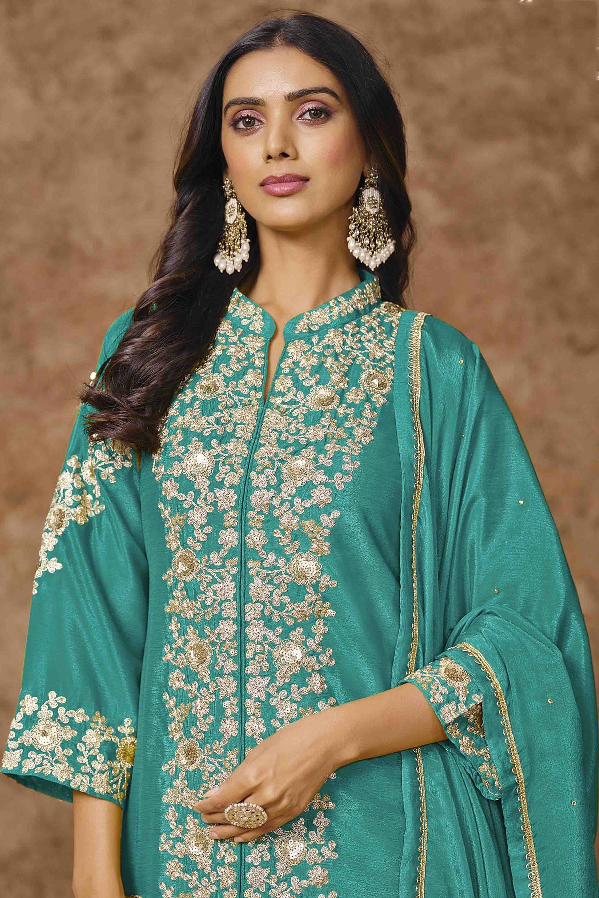 Rama Green Colour Chinon Semi Stitched Palazzo Pant Suit VSSM1050707