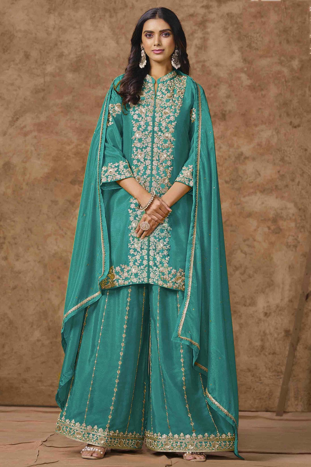 Rama Green Colour Chinon Semi Stitched Palazzo Pant Suit VSSM1050707