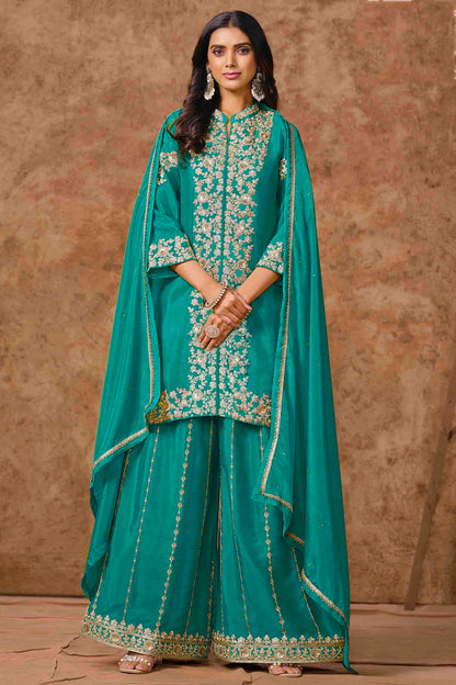 Rama Green Colour Chinon Semi Stitched Palazzo Pant Suit VSSM1050707