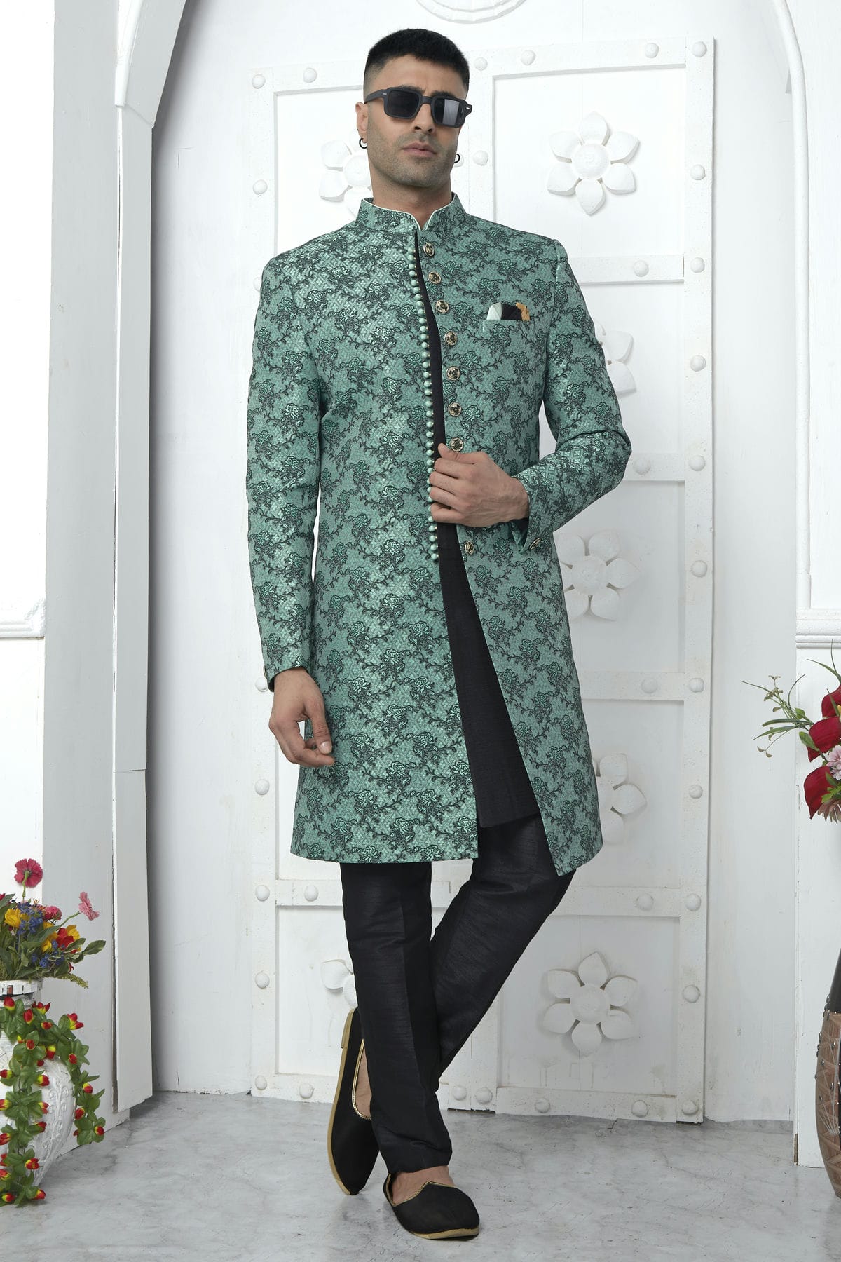 Rama Green Colour Jacquard Silk Indowestern Sherwani With Aligadhi Pant VSSH1230039