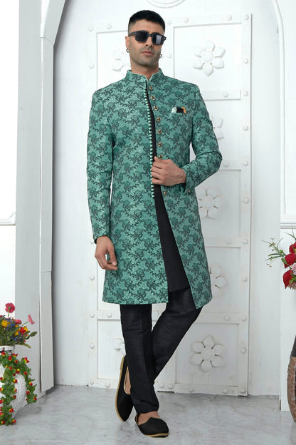 Rama Green Colour Jacquard Silk Indowestern Sherwani With Aligadhi Pant VSSH1230039