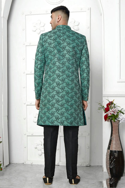 Rama Green Colour Jacquard Silk Indowestern Sherwani With Aligadhi Pant VSSH1230039