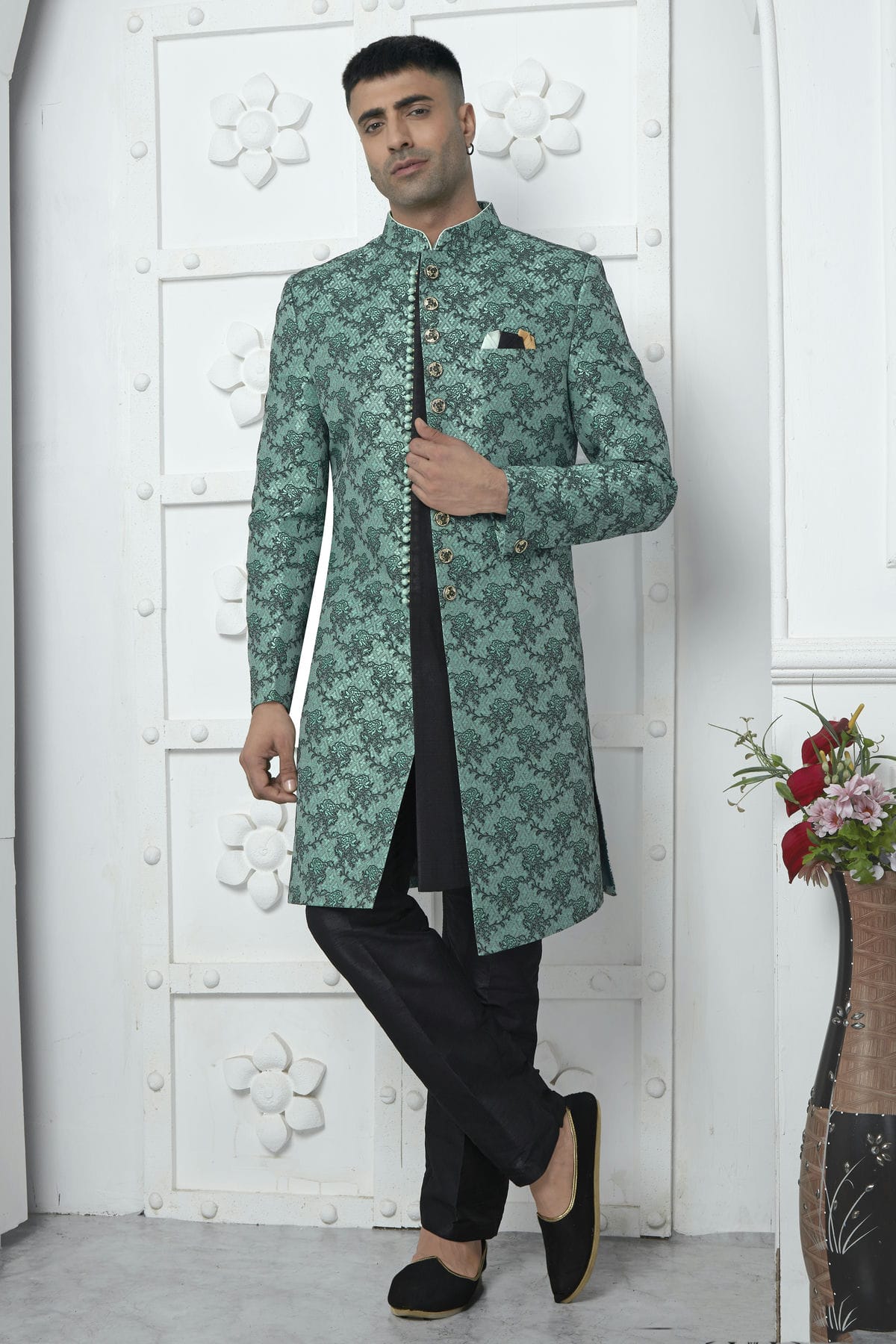 Rama Green Colour Jacquard Silk Indowestern Sherwani With Aligadhi Pant