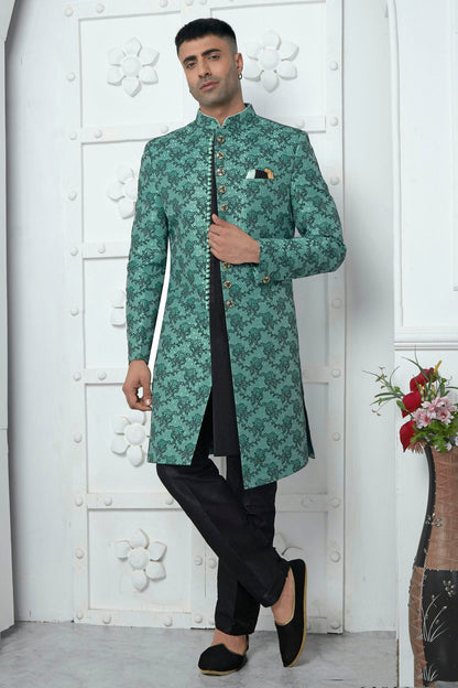 Rama Green Colour Jacquard Silk Indowestern Sherwani With Aligadhi Pant