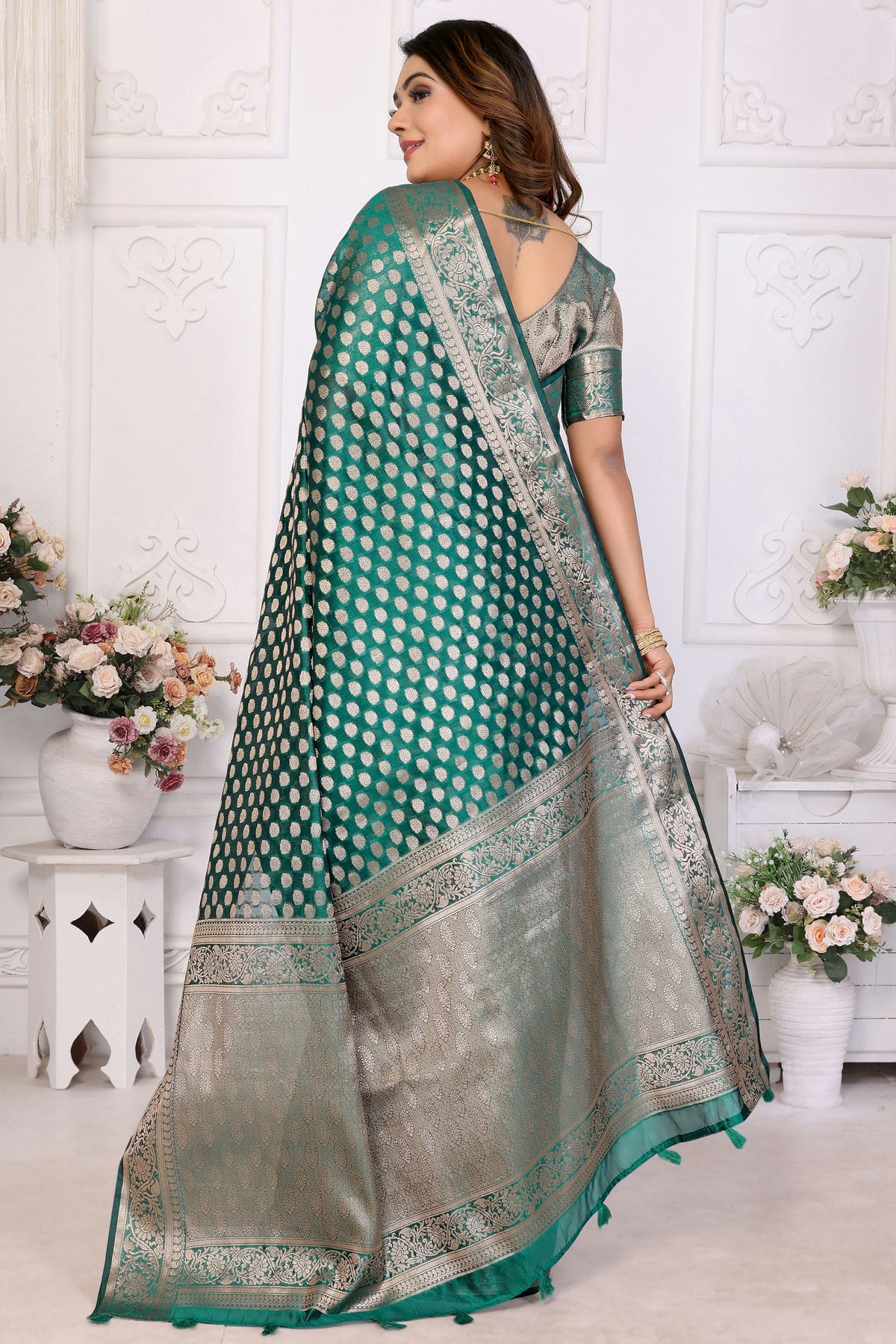 Rama Green Colour Organza Traditional Saree